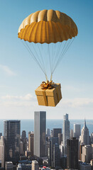 Illustration of a gift floating by parachute over a city skyscraper. A package drops from the sky, like a New Year's blessing.
