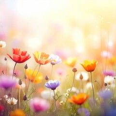 A field of vivid, colorful flowers with long stems is bathed in warm sunlight, creating a soft, dreamy bokeh effect in the background