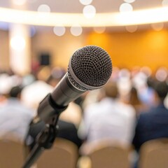 Microphone in focus with a blurry background of seated people in a brightly lit auditorium, creating an event atmosphere