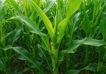 Obraz premium Lush Cornfield Growth: An up-close photograph of vibrant green corn stalks thrives in a bountiful agricultural field, a testament to the raw beauty of nature.