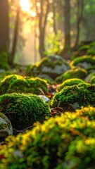 Soft sunlight filters through a green forest, illuminating mossy rocks scattered on the forest floor. A natural, serene scene