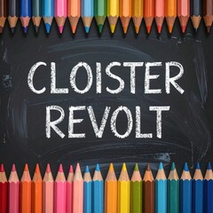 Cloister Revolt" chalk text displayed on a blackboard bordered by colorful pencils on the top and bottom, evoking school vibes