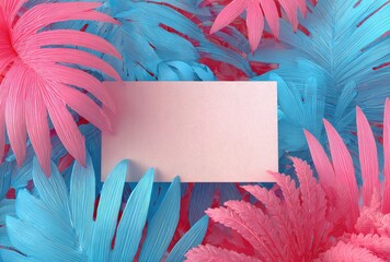Pink and blue tropical leaves frame a blank card