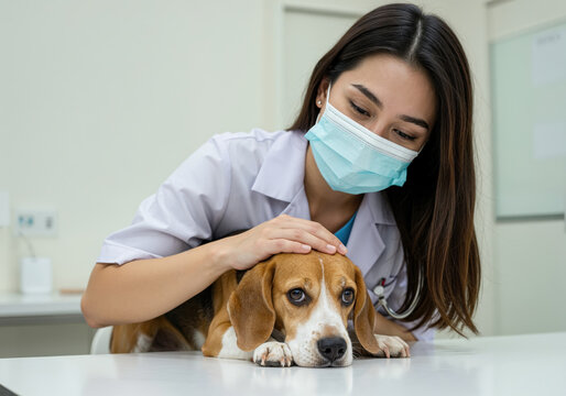 Gentle Care: A compassionate veterinarian offers a soothing touch to a calm beagle in a sterile environment, highlighting the bond between humans and animals and promoting pet health.
