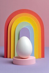 White egg on pastel podium, rainbow arches