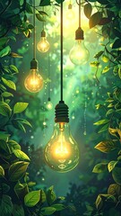 Lightbulbs glow warmly amid dense foliage, dangling like ethereal fruit from a hidden canopy against a sun-drenched, verdant backdrop