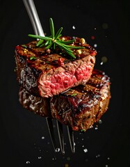 Succulent, grilled beef tenderloin medallions, peppered, rosemary garnish on fork, against black background with salt-like flecks