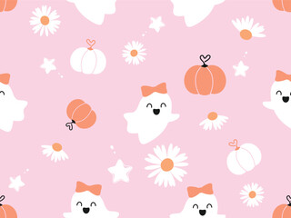 Happy Halloween seamless pattern with cute flying ghost, ribbon bows, stars and daisy chamomile flower on pink background vector.