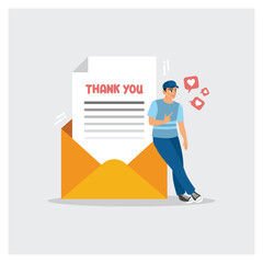 Challenge to Success Concept. Man Showing Gratitude Beside Thank You Note in Envelope.