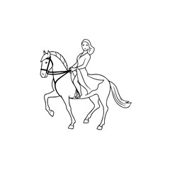 Black and white line art of a beautiful woman with perfect body riding horse elegant minimalist illustration
