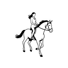 Black and white line art of a beautiful woman with perfect body riding horse elegant minimalist illustration