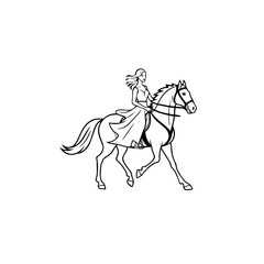 Black and white line art of a beautiful woman with perfect body riding horse elegant minimalist illustration