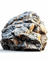 A craggy, textured rock formation exhibiting gray and rusty hues, sits solitary on a stark white background, bathed in bright, diffused light