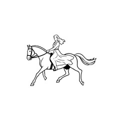 Black and white line art of a beautiful woman with perfect body riding horse elegant minimalist illustration