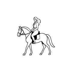Black and white line art of a beautiful woman with perfect body riding horse elegant minimalist illustration