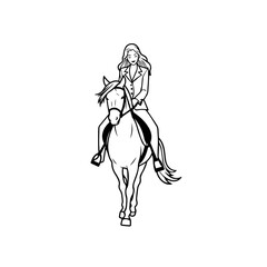 Black and white line art of a beautiful woman with perfect body riding horse elegant minimalist illustration