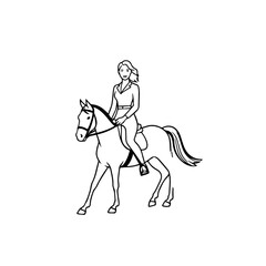 Black and white line art of a beautiful woman with perfect body riding horse elegant minimalist illustration