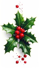 Elegant sprig of glossy holly with bright red berries on a clean white background. Watercolor style with subtle splatters adds delicate charm