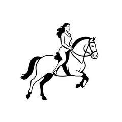 Black and white line art of a beautiful woman with perfect body riding horse elegant minimalist illustration