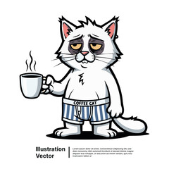 Humorous cartoon of a weary cat in pajamas desperately needing its morning caffeine fix