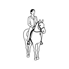 Black and white line art of a beautiful woman with perfect body riding horse elegant minimalist illustration