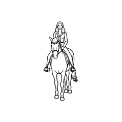 Black and white line art of a beautiful woman with perfect body riding horse elegant minimalist illustration