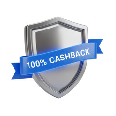 Realistic Rendered Shield Cashback Promotion with Ribbon and Metallic Material