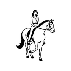 Black and white line art of a beautiful woman with perfect body riding horse elegant minimalist illustration