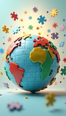 Naklejka premium A glossy 3D puzzle sphere with pieces floating around it, symbolizing global problem solving, strategy, and collaboration.