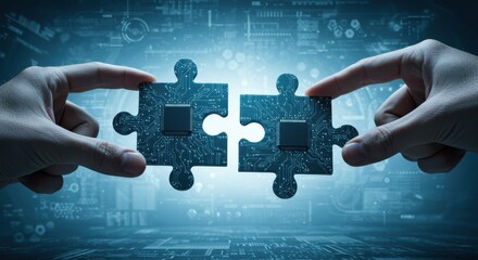 Two puzzle pieces with circuit board designs are joined by hands, symbolizing integration and technological advancements.