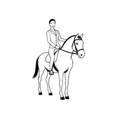 Black and white line art of a beautiful woman with perfect body riding horse elegant minimalist illustration