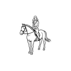 Black and white line art of a beautiful woman with perfect body riding horse elegant minimalist illustration
