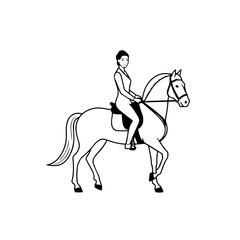 Black and white line art of a beautiful woman with perfect body riding horse elegant minimalist illustration