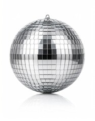 Reflective mirrored disco ball isolated on white, creating a light and shadow pattern. Its surface is composed of small, reflective squares