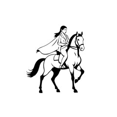 Black and white line art of a beautiful woman with perfect body riding horse elegant minimalist illustration