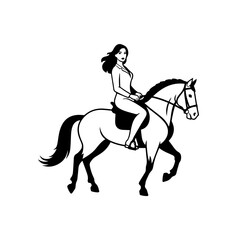 Black and white line art of a beautiful woman with perfect body riding horse elegant minimalist illustration