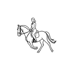 Black and white line art of a beautiful woman with perfect body riding horse elegant minimalist illustration