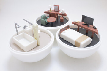 Miniature Room Scenes In Bowls Showcasing Home Office Bedroom Living Room And Bathroom Decor