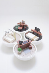 Miniature Room Scenes In Bowls Showcasing Home Office Bedroom Living Room And Bathroom Decor