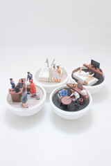 Miniature Office, Bedroom And Living Room Scenes Showing Couples,