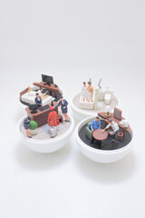 Miniature Office, Bedroom And Living Room Scenes Showing Couples,