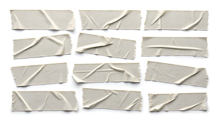 A textured collection of vintage paper sheets and envelopes Gray adhesive tape isolated on transparent background. 