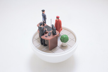 Miniature Office Meeting Scene With Desk, Figures And Round Bowl Display