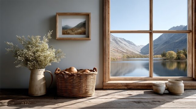 Cozy Interior with Mountain View Through Wooden Window Frame Still Life with Vase Basket Decorative Objects and Framed Painting