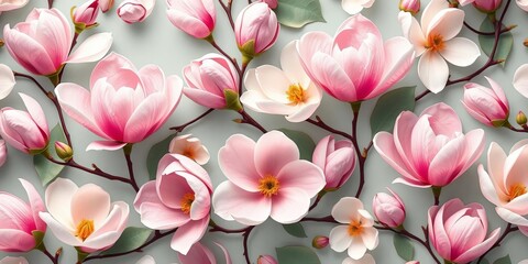 Elegant seamless pattern featuring blooming magnolia flowers in soft pastel hues, soft, stylish