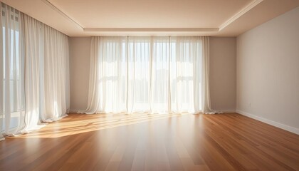 Fototapeta premium Empty room, sheer light curtains billowing gently, minimalist, background