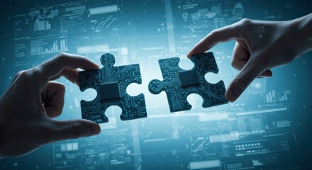 Two hands are connecting puzzle pieces shaped like circuit boards, highlighting the concept of technological integration.