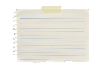 A torn piece of lined notebook paper with blue lines, taped to a surface with yellow tape