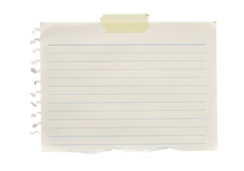 A torn piece of lined notebook paper with blue lines, taped to a surface with yellow tape