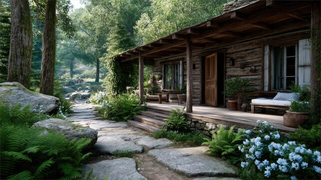 Rustic Log Cabin with Stone Path and Lush Greenery Under Sunlit Forest Canopy